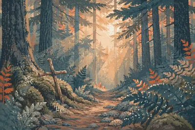 Sunlit Evergreen Forest Cross Prayer Path