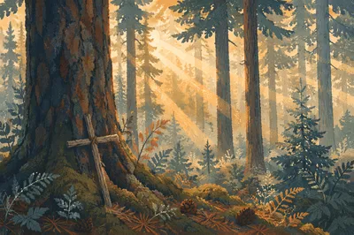 Morning Sunlight Through Evergreen Forest Cross