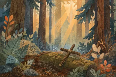 Morning Sunlight Through Evergreen Forest Cross