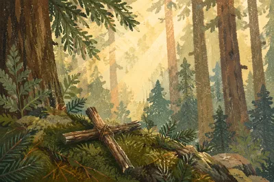 Morning Sunlight Over Evergreen Forest Cross