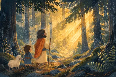 Golden Sunlight Through Evergreen Forest Canopy