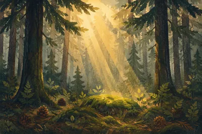 Golden Sunlight Through Evergreen Forest Canopy