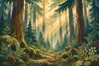 Sunlight Through Evergreen Forest Canopy