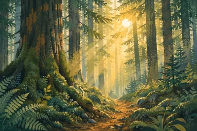 Golden Sun Rays in Evergreen Forest