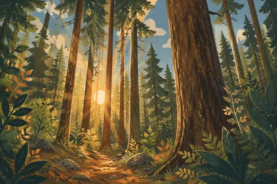 Golden Sunlight Through Evergreen Forest Canopy