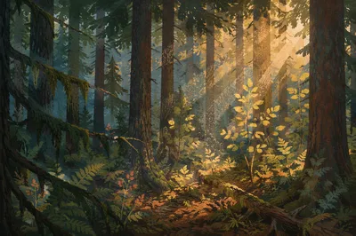Sunlight Through Evergreen Forest Canopy