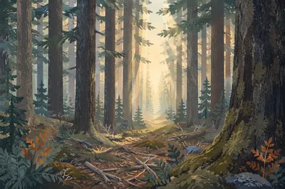 Sunlight Through Evergreen Forest Canopy