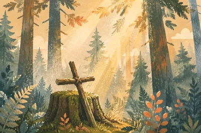 Sunlit Evergreen Forest Cross at Dawn