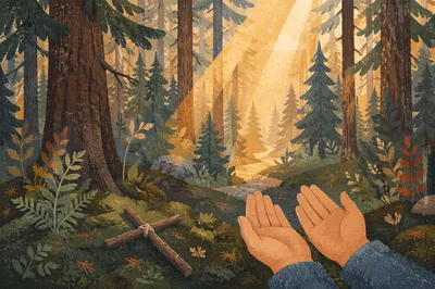 Golden Forest Prayer Beneath Evergreen Canopy