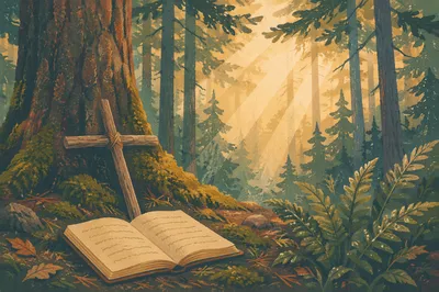 Morning Sunlight Through Evergreen Prayer Forest