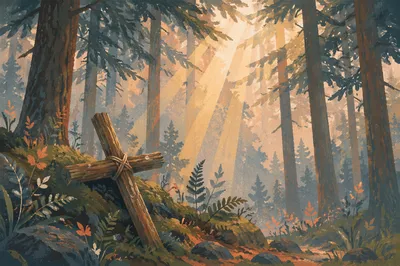 Wooden Cross Beneath Golden Forest Sunbeams