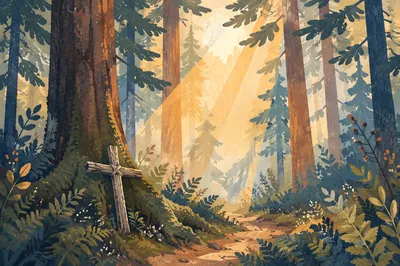 Golden Sunlight Over Evergreen Forest Cross