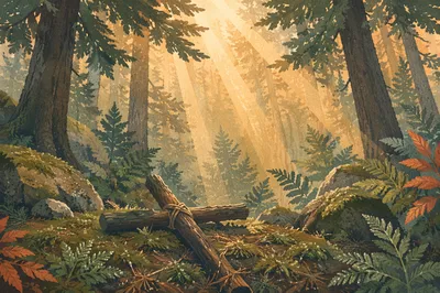 Sunlit Evergreen Forest Cross at Dawn