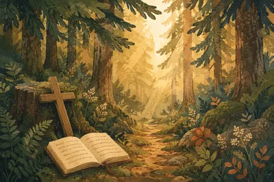 Golden Sunlight Through Evergreen Prayer Path