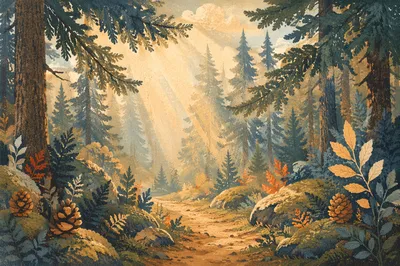Sunlight Through Evergreen Forest Canopy