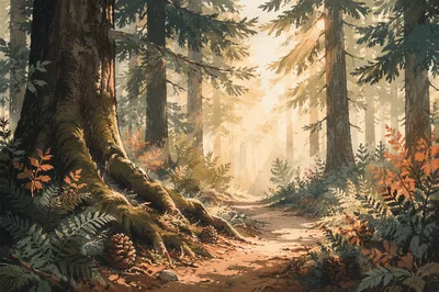 Morning Sunlight Through Evergreen Forest Canopy