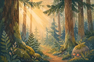 Golden Sunbeams Through Evergreen Forest Canopy