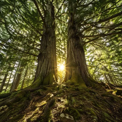 Sunlit Evergreen Canopy with Ancient Tree Trunks