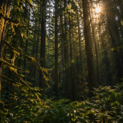 Sunlight Through Evergreen Forest Canopy