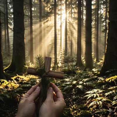 Morning Sunlight Over Evergreen Forest Cross