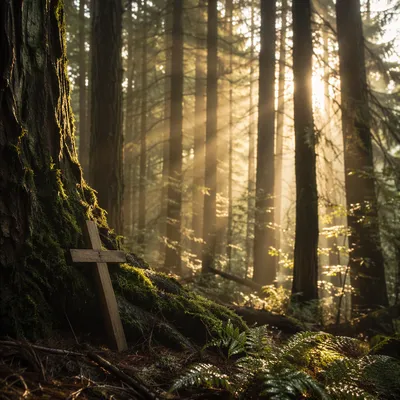 Golden Sunbeams Over Forest Cross