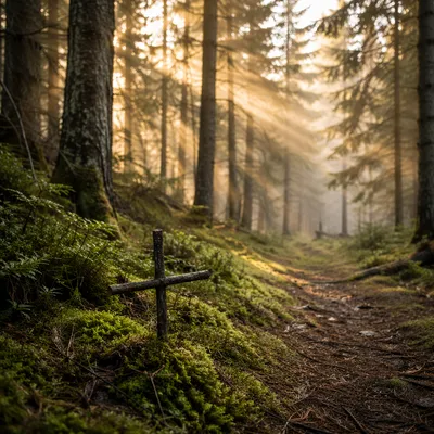 Golden Sunlight Through Evergreen Forest Canopy
