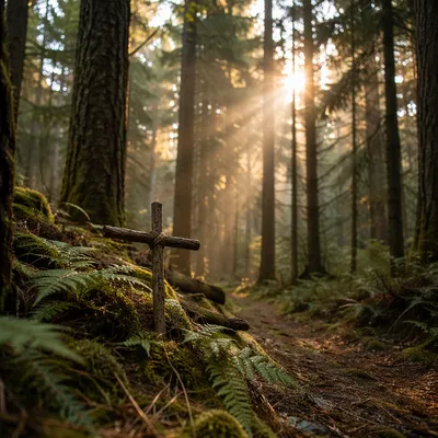Sunlit Evergreen Forest Cross at Dawn