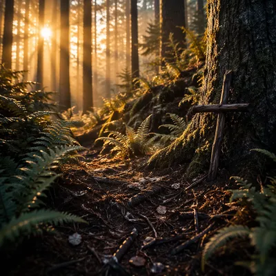 Sunlit Evergreen Forest Prayer Path