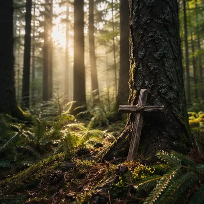 Morning Sunlight Through Evergreen Forest Cross
