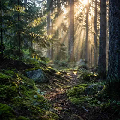 Golden Sunbeams Through Evergreen Forest Canopy
