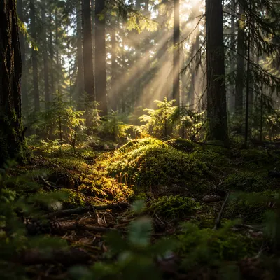 Golden Sunbeams Through Evergreen Forest Canopy