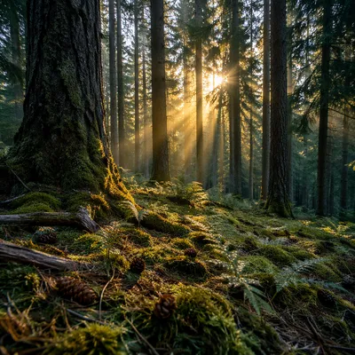 Morning Sunlight Through Evergreen Forest Canopy