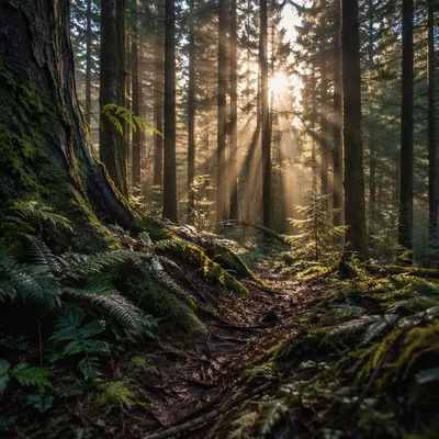 Sunlight Through Evergreen Forest Canopy