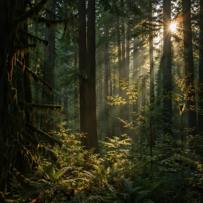Sunlight Through Peaceful Evergreen Forest Canopy