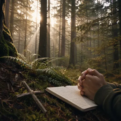 Prayerful Hands in Sunlit Evergreen Forest