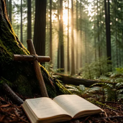 Morning Sunlight Over Forest Prayer Cross