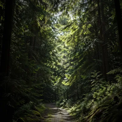 Sunlit Evergreen Forest Canopy Path