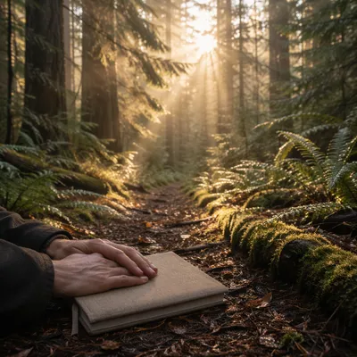 Sunlit Evergreen Forest Prayer Path