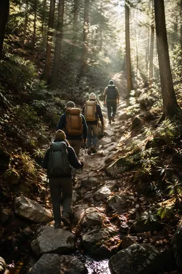 Sunlit Evergreen Trail With Pilgrim Hikers
