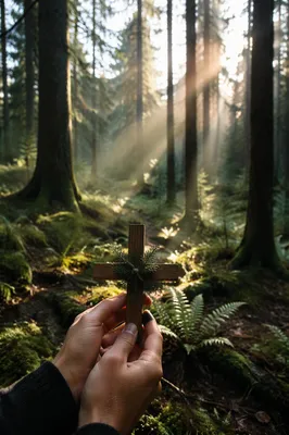 Morning Sunlight Over Evergreen Forest Cross