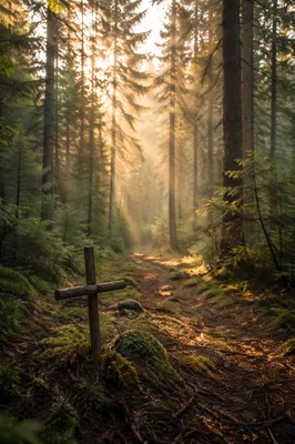 Golden Sunlight Through Evergreen Prayer Forest
