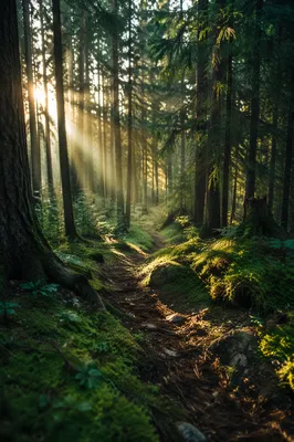 Golden Dawn Sunbeams in Evergreen Forest