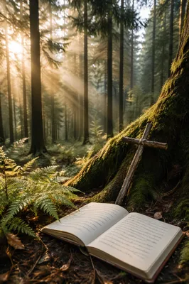 Sunlit Evergreen Forest Prayer Cross