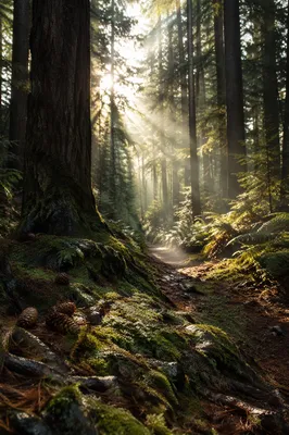 Morning Sunlight Through Evergreen Forest Canopy