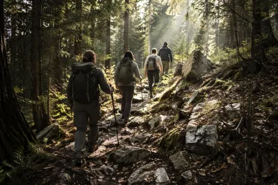 Sunlit Evergreen Forest Pilgrimage Trail
