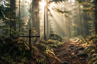 Golden Sunlight Over Evergreen Forest Cross
