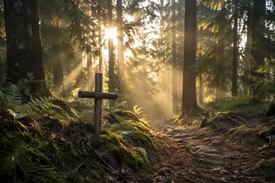 Sunlit Evergreen Forest Prayer Cross