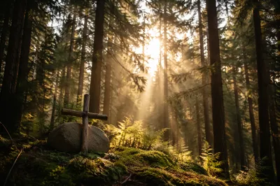 Sunlit Evergreen Forest Cross at Dawn