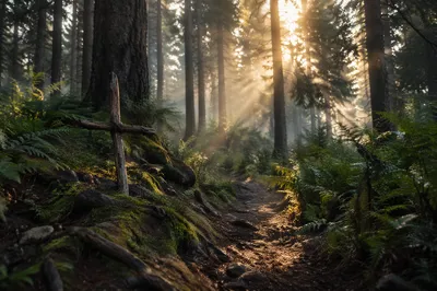 Sunlit Evergreen Forest Prayer Path