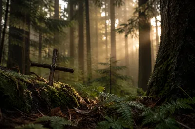 Morning Sunbeams Over Forest Prayer Cross